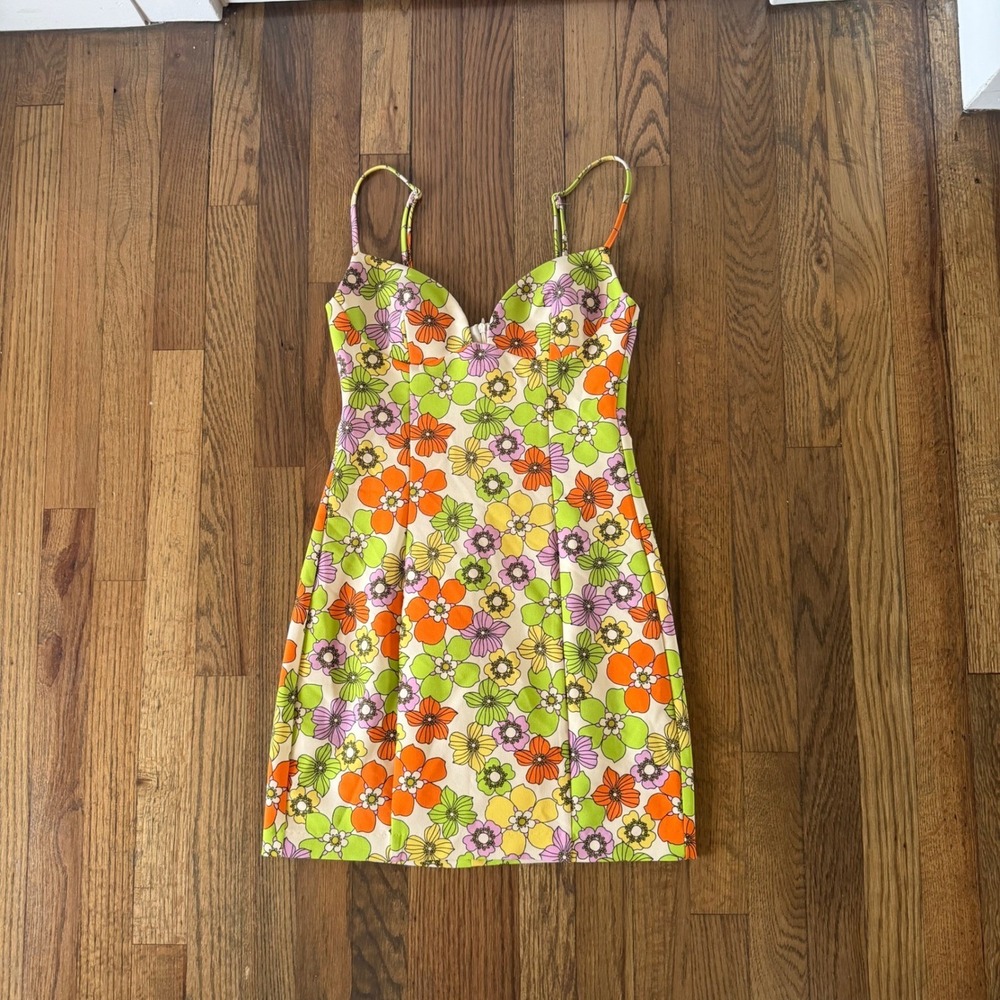 Zara Womens Floral Mini Dress Retro Style Sweetheart Neck Size XS